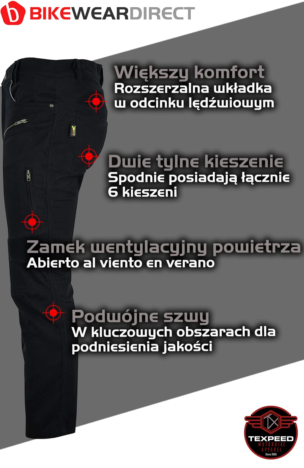 Dżinsy motocyklowe pancerz dla mężczyzn - Spodnie z ochroną - 280 g/m² aramid z pancerzem ochronnym (EN 1621-1) - Zwężany krój - Texpeed - Czarny - XL Talia/Krótki Noga