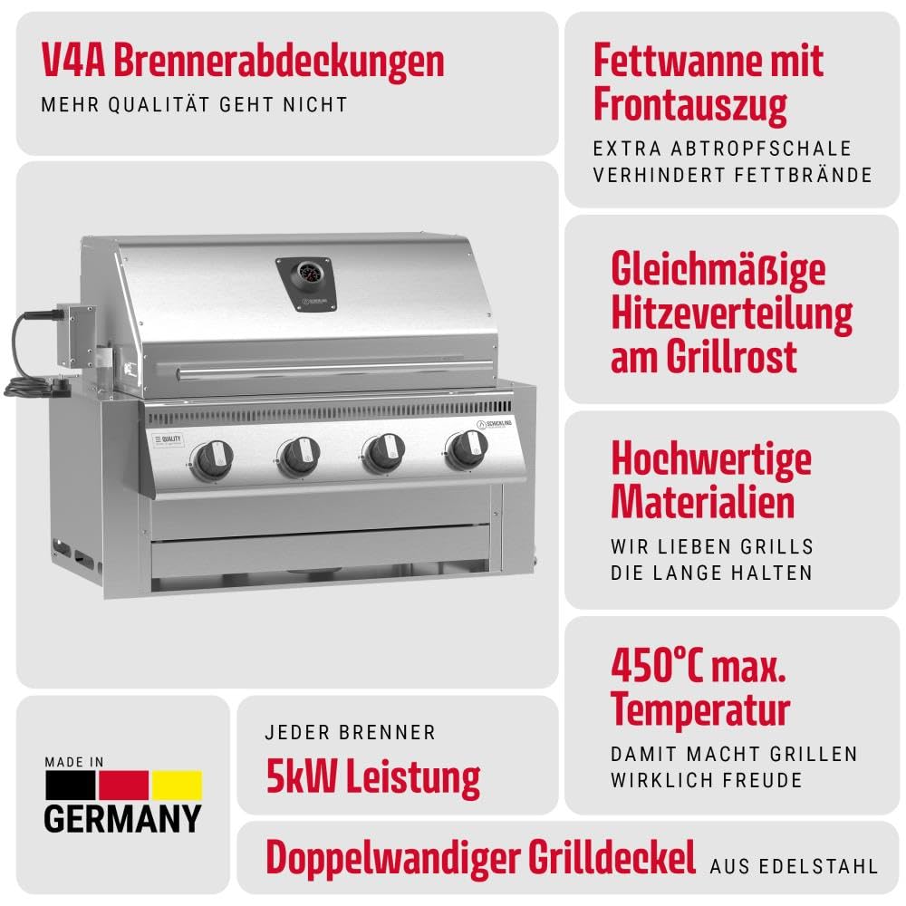 Einbau Gasgrill "Hermann XL - Pro" Edelstahl Einbaugrill mit Einfassung, Deckel und Drehspieß für Outdoor Küche Grillküche – Fettwanne mit Frontauszug – 4x5kW Brenner – Made in Germany