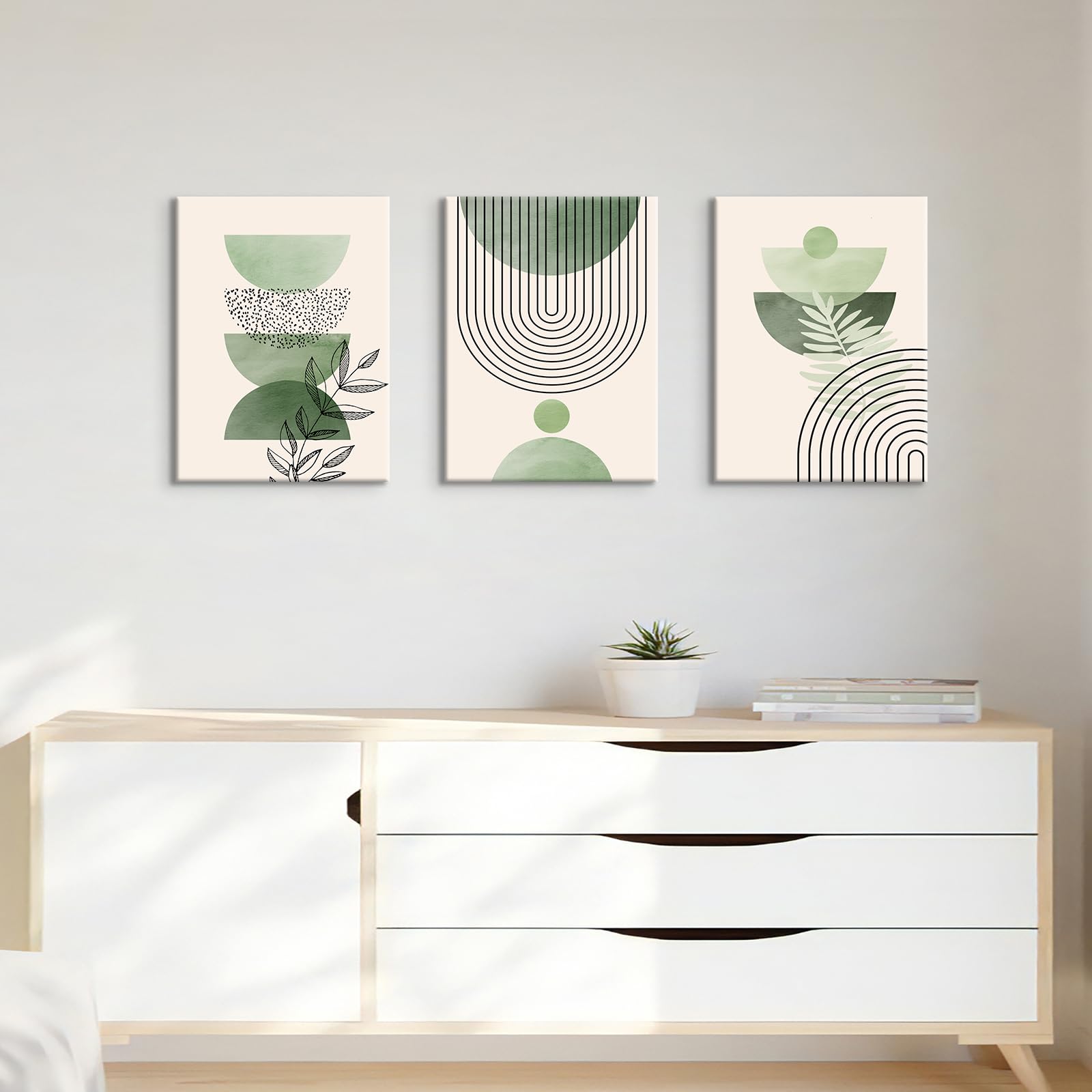 3 Pcs Wooden Framed Canvas Wall Art Set Bohemian Sage Green Canvas Prints Poster Geometric Line Beige Green Pictures for Living Room Bedroom Dinning Room Hallway Stairs Wall Decor 30x40cm x3pcs — view 103