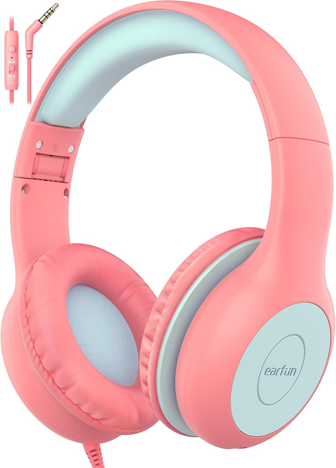 EarFun K1 Kids Headphones Wired with Microphone, 85/94dB Volume Limit Headphones for Kids, Portable Wired Headphones with Sharing Jack, Stereo Sound, Foldable Headset for Tablet/iPad/Kindle,Pink