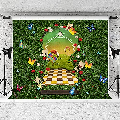 Emdspr 7X5Ft Wonderland Backdrop Party Butterfly Fantasy Fairy Tale Green Grass Gate To Wonderland Photo Booth Photography Background Photo Studio Prop Seamless Vinyl Bjrlpr82 #TOP1