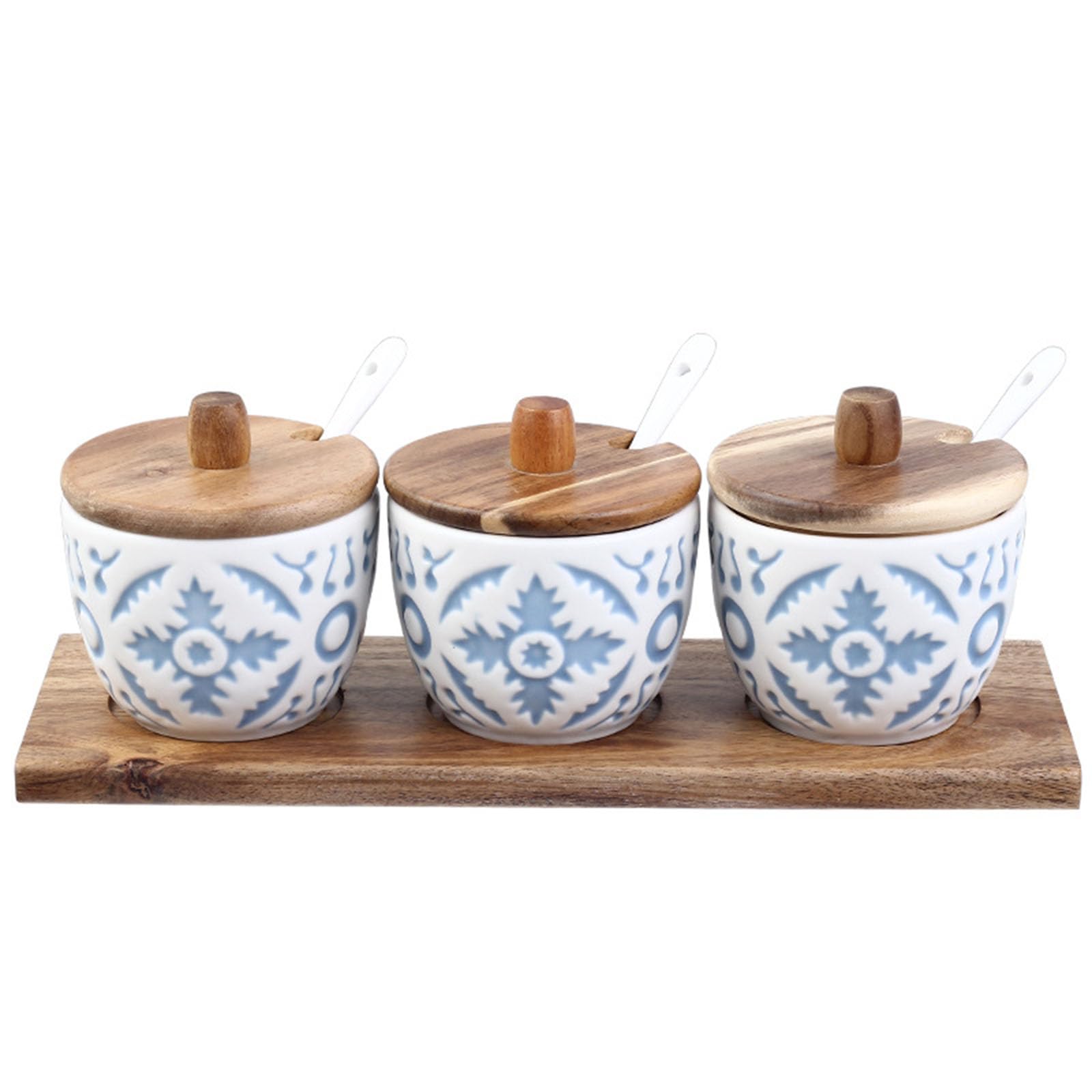 Contenitore per Spezie Barattolo in Ceramica con Coperchio Legno A Cucchiaio, di Sale Zuccheriera Stoccaggio Cucina Home Restaurant Cafe,A