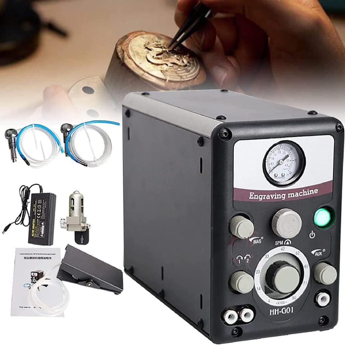 ZMJGLL Dual-Head Pneumatic Jewelry Engraver Machine,Jewelry Engraving Machine Kit 400-8000 RPM Pneumatic Graver Handpiece Micro Engraer for Engraving