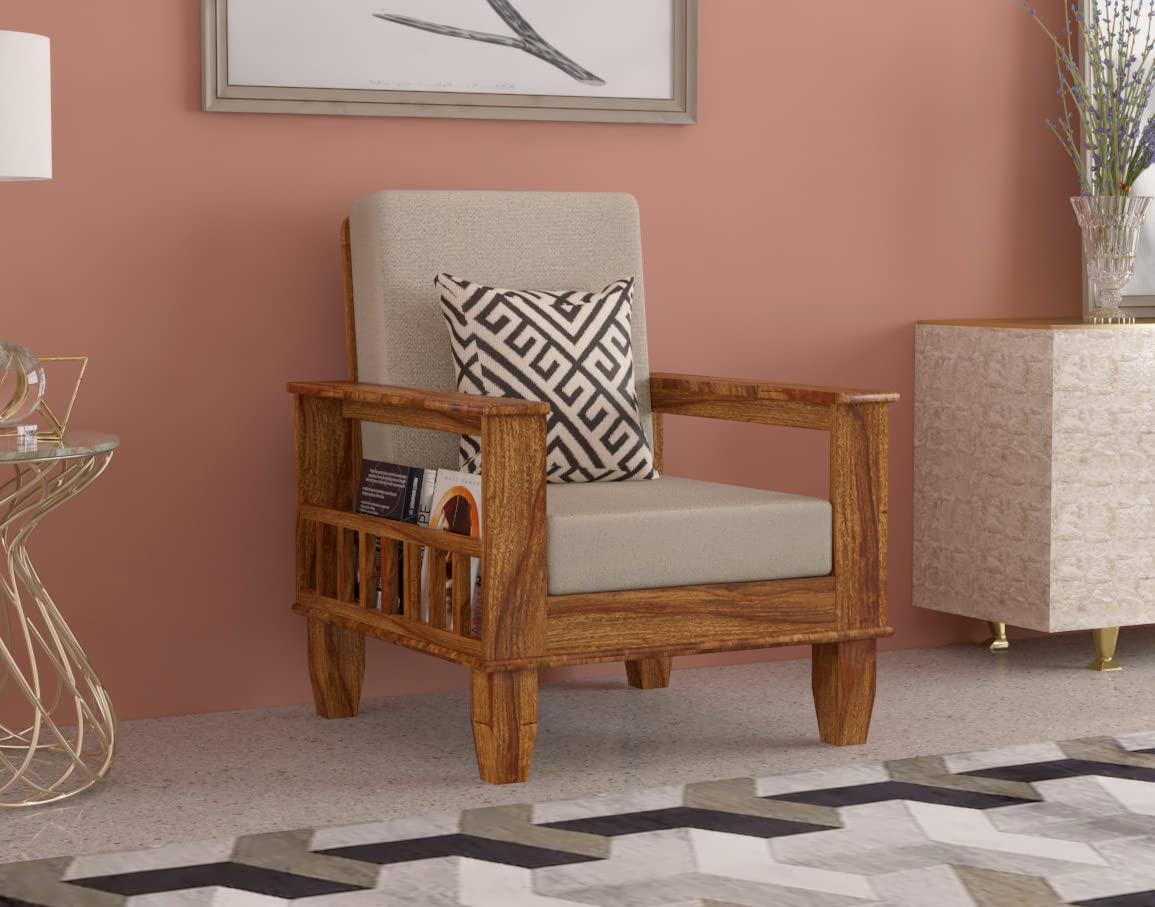 Solid Sheesham Wood Sofa One Seater | Wooden Sofa Set 1 Seater | Sofa Couch with Side Magzine Newspaper Holder for Living Room | Cream Cushion, Teak Brown Finish-image-43
