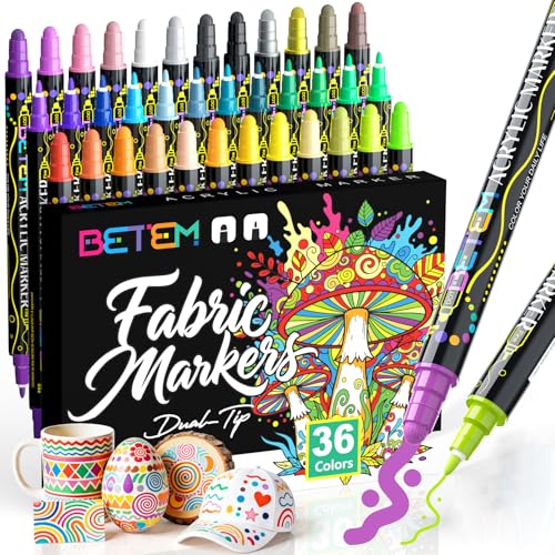 Betem 36 Colors Dual Tip Acrylic Paint Markers, Fabric Decorating Kits Premium Water-Based Acrylic Paint Pens Art Supplies for Fabric, Rock, Wood, Glass, Canvas, Ceramic, Teacher Appreciation Gift