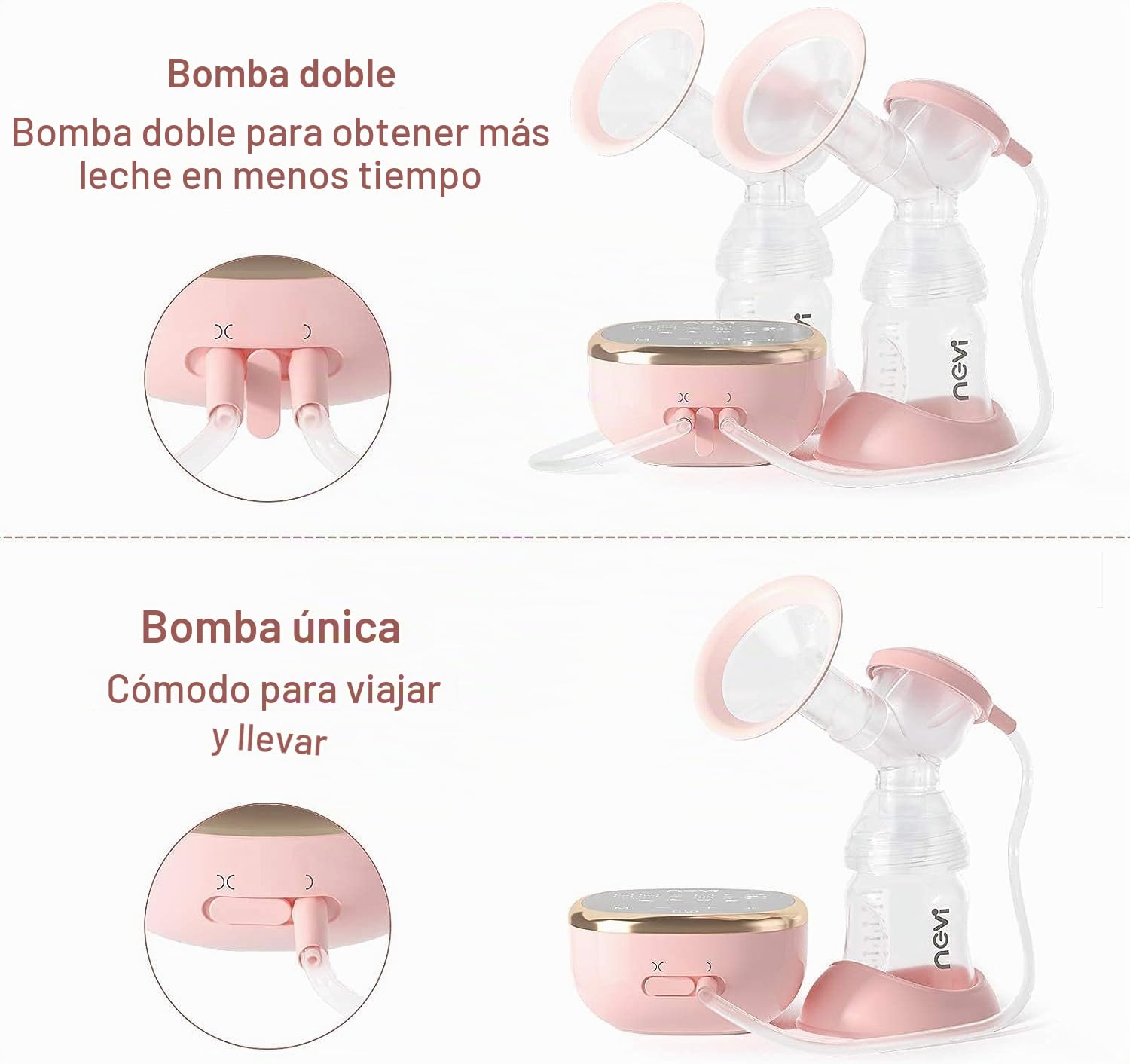 NCVI Sacaleches Eléctrico, Extractor de Leche Portátil 8782, Recargable con 4 Modos y 9 Niveles, bridas de 21/24/28/32mm, 10 Bolsas para Almacenar la Leche Materna, La batería de litio de 2200mAh