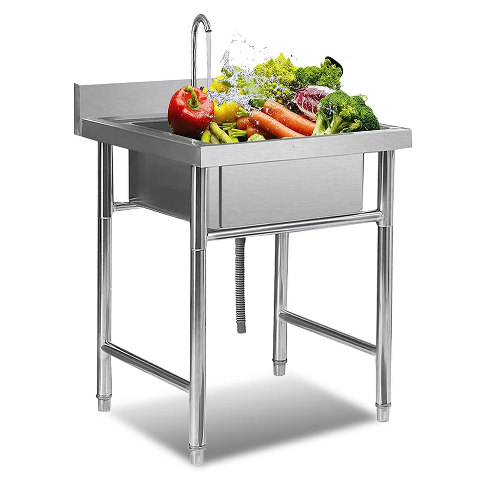 HCZKIUJY Kitchen Utility Sink,Single Bowl Commercial 304 Stainless Steel Kitchen Sink, Freestanding Utility Sink with Faucet, H+ Washing for Restaurant, Laundry, Garage, Outdoor (19.6x19.6x31.4in)