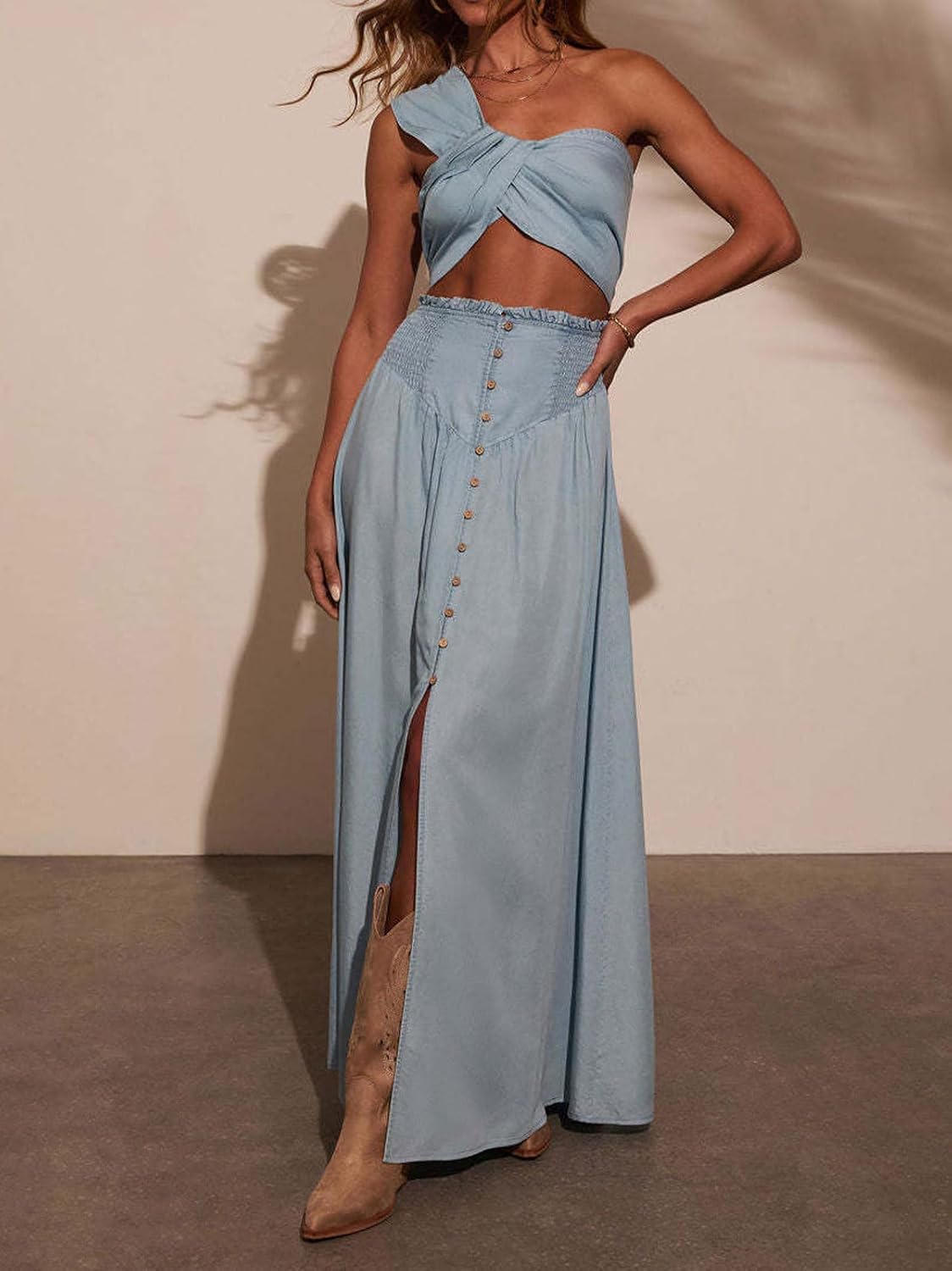 CHARTOU Womens Smocked High Waisted Button Fly Maxi Jean Skirts Lightweight Denim Flowy Long Skirt with Slit