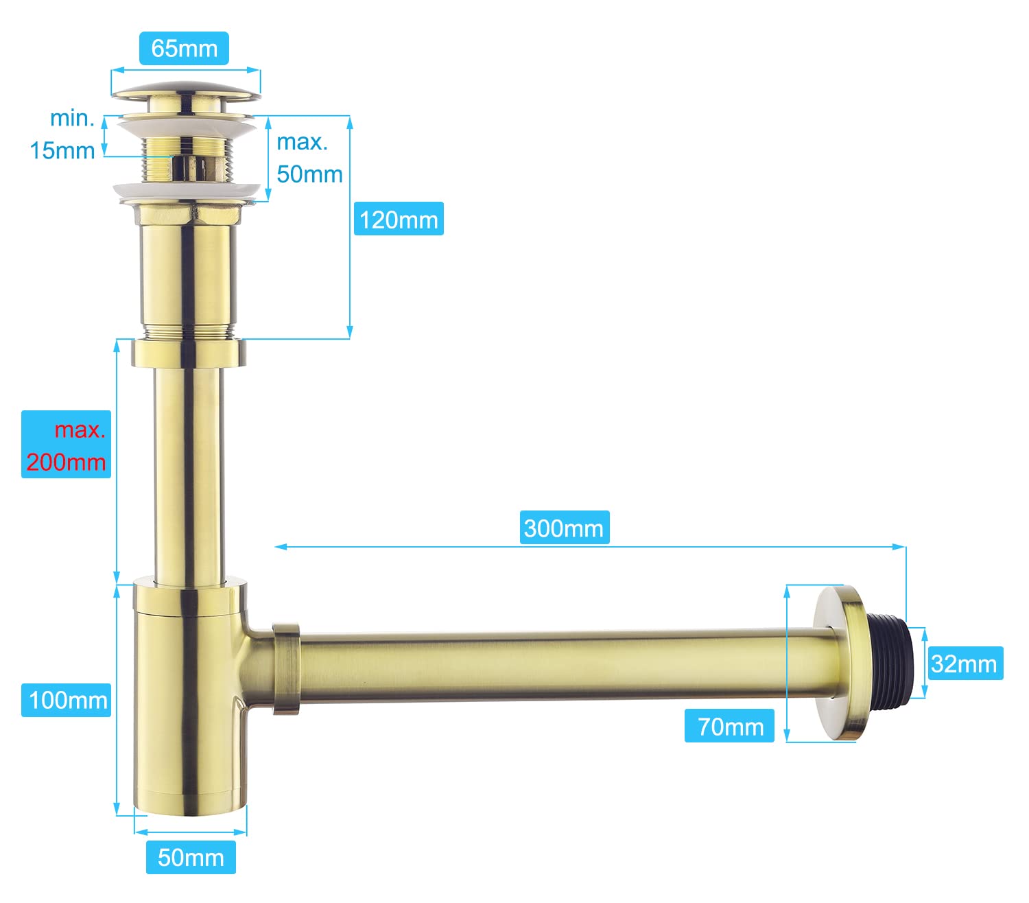 Kit – Siphon avec Bonde avec Trop-plein pour Lavabo Or Brossé, Laiton Universel Design Siphon Anti-Odeur, 1 1/4 Syphon Sifon