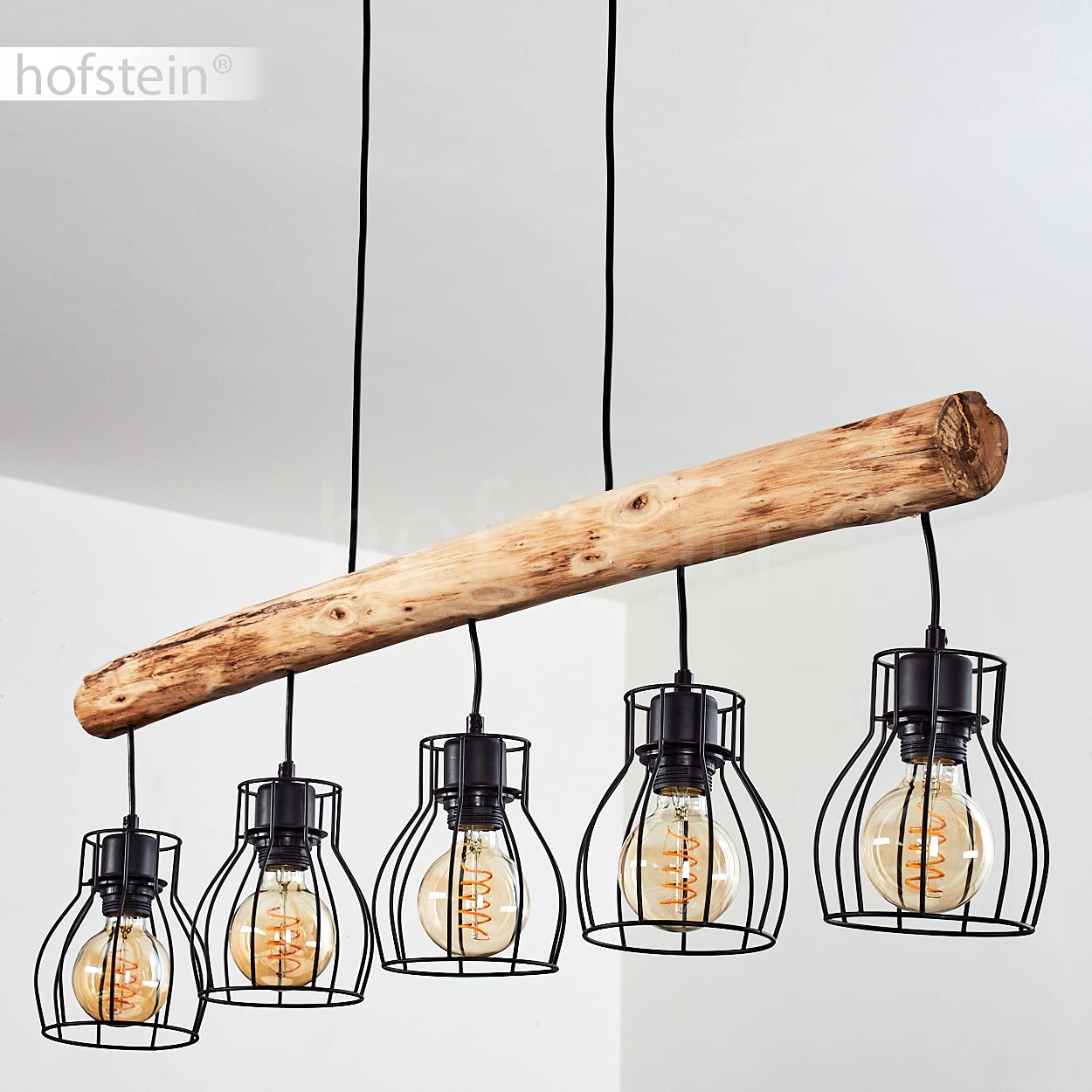 HOFSTEIN Pendelleuchte Gondo, Hängelampe aus Metall/Holz in Schwarz/Braun, 5-flammig, E27, Lampenschirme in Gitteroptik, Höhenverstellbar bis max. 140 cm, modernes industrial Design, Küche, Wohnzimmer