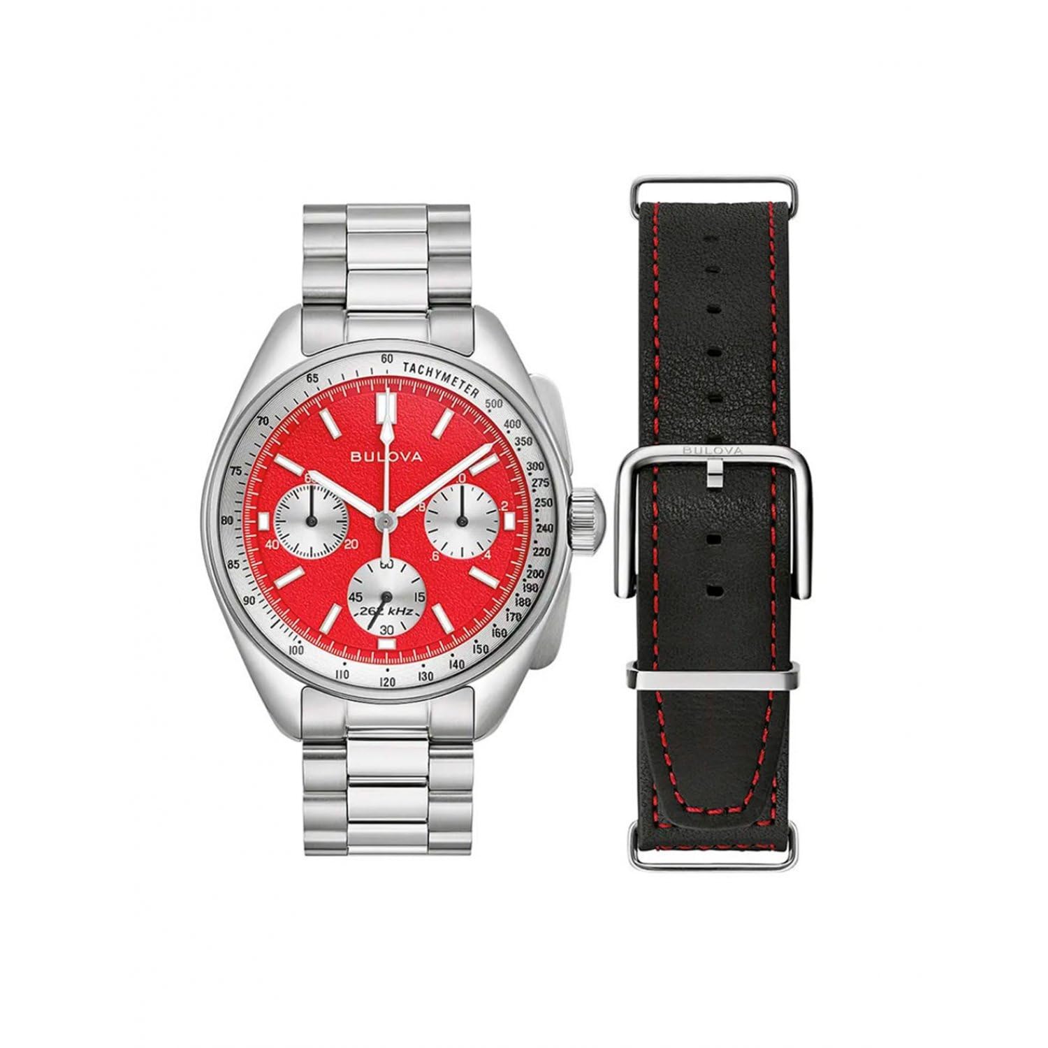 Pilot 43.5mm Lunar Quartz Watch with Chronograph, Calendar, Stainless Steel Strap and Additional Interchangeable Black Leather Strap, red, Bracelet