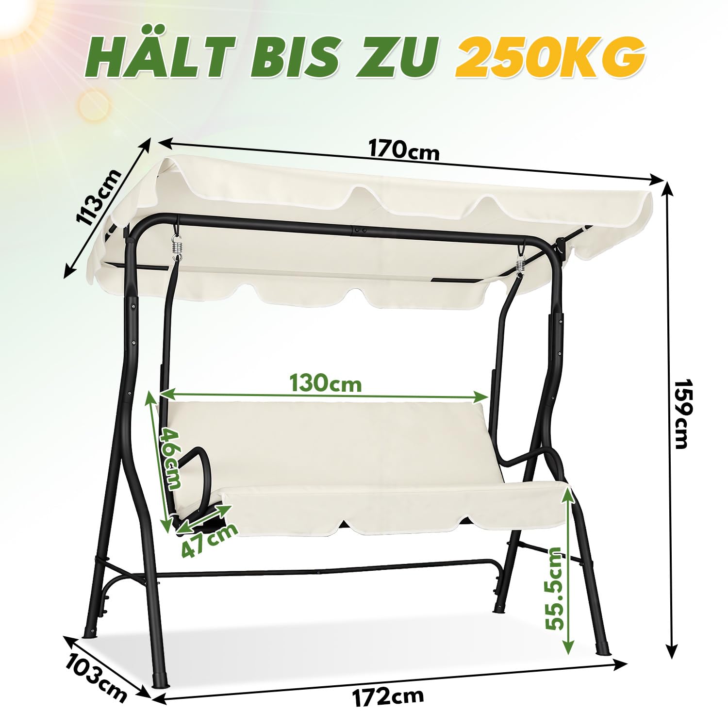 3-Sitzer Hollywoodschaukel Hochwertiger Gartenschaukel mit Verstellbarem Sonnendach Hängeschaukel aus Stahl bis 250 kg Belastbar für Garten, Pool, Terrasse, Beige