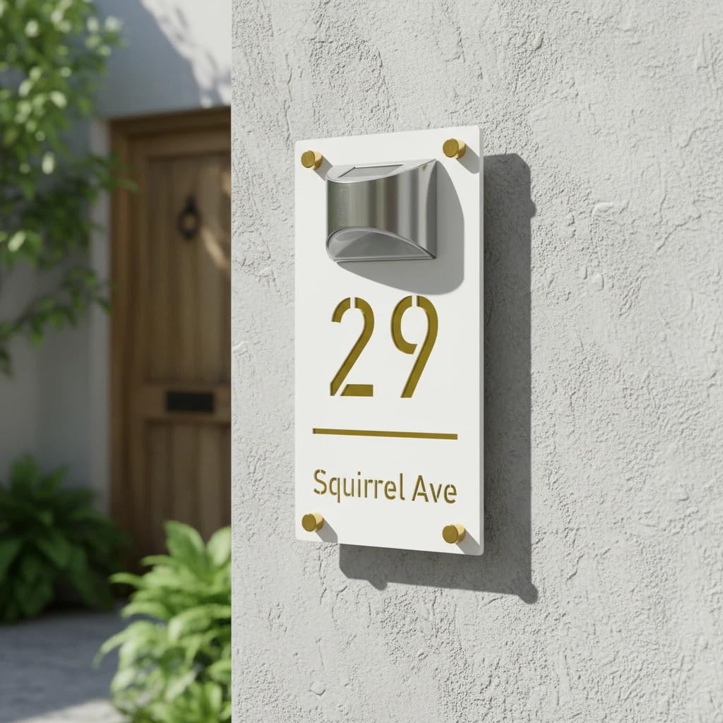 Plaque Numéro de Maison Extérieure Personnalisée Imperméable - Acrylique LED Solaire, 6 Polices - Pour Porte/Mur (4 Tailles au Choix : 15x25cm, 15x29cm, 18x32cm, 22x35cm)(Noir-Blanc)
