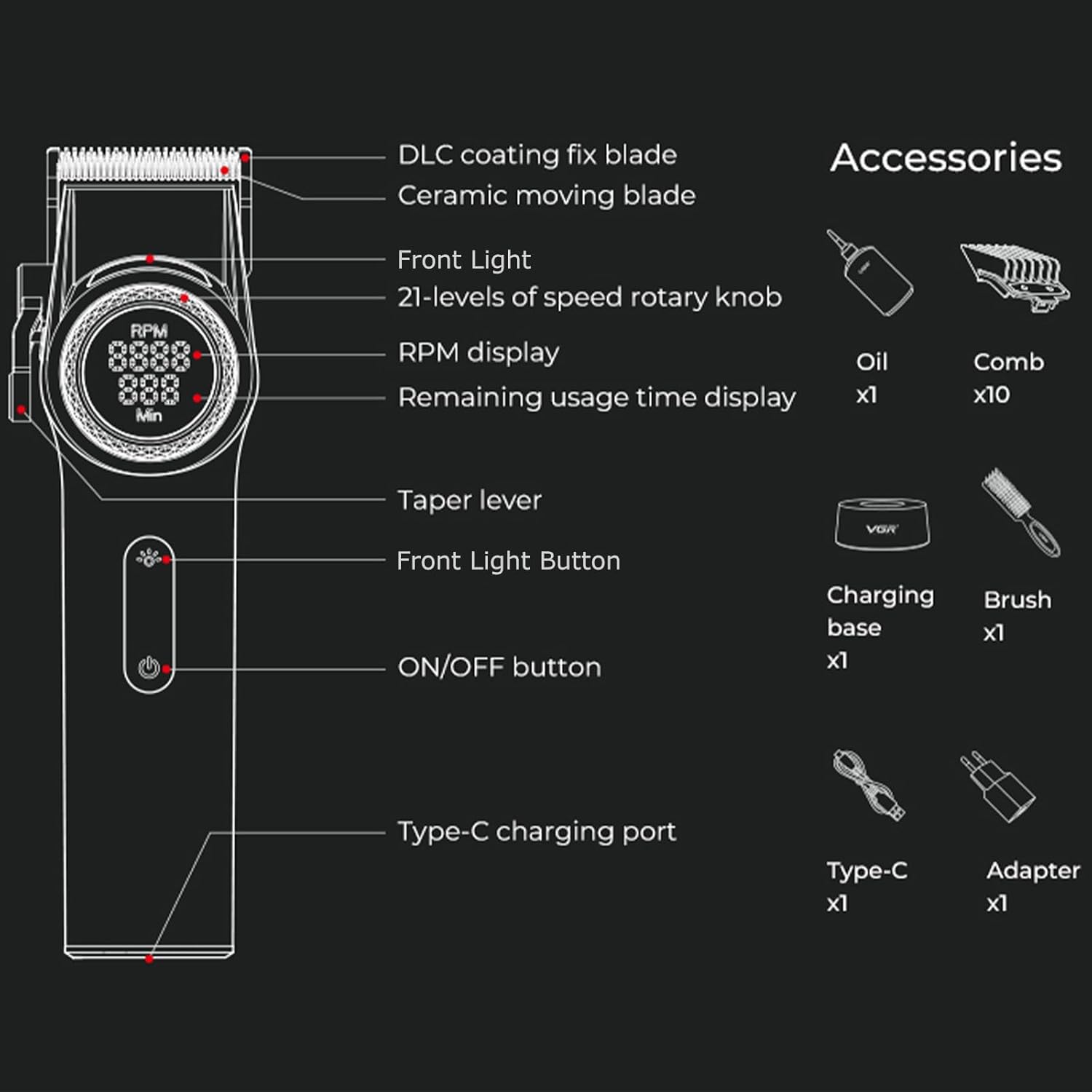 VGR 001 Professional Hair Clippers for Men, Cordless Barber Clippers for Hair Cutting, Carbon Steel Blade Hair Trimmers for Barbers, 9000RPM, LED Display, Green