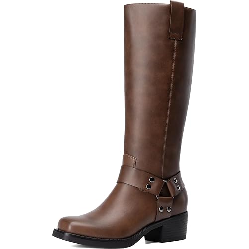 DREAM PAIRS Women's Knee High Boots Motorcycle Riding Pull-on Fashion Long Square Toe Buckle Biker Boots for Women