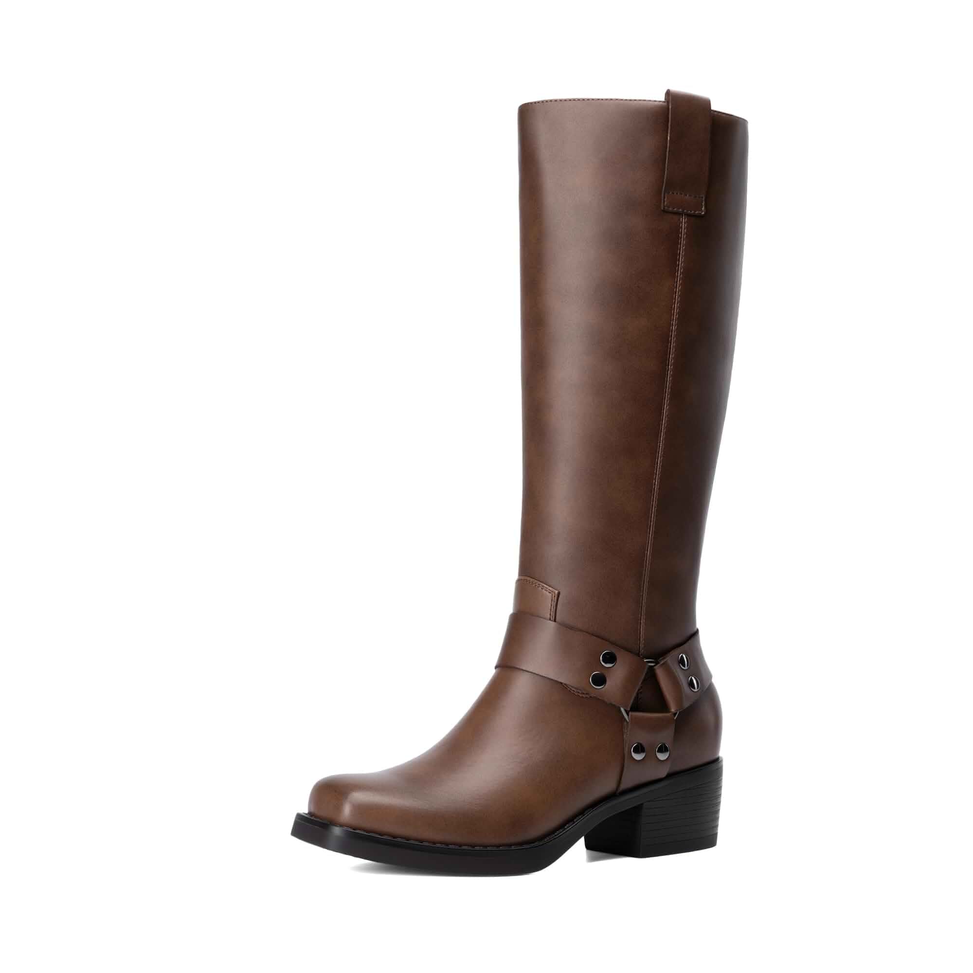 DREAM PAIRS Women's Motorcycle Knee High Boots | Moto Riding Pull-on,Fashion Long Square Toe,Buckle Biker Boots