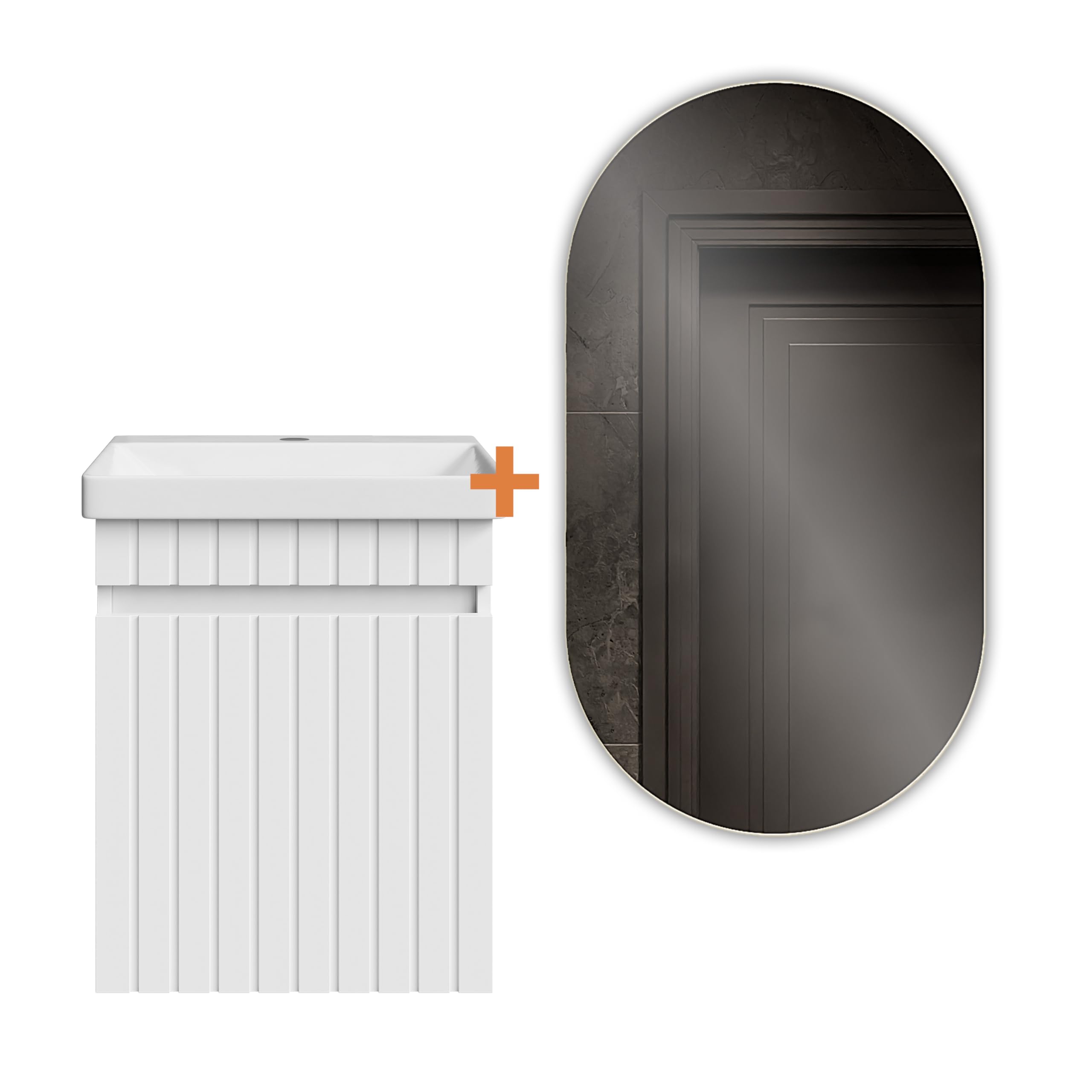 Planetmöbel Cosmia - Set di mobili da bagno con mobiletto da 50 x 60 x 35 cm, colore: bianco, specchio da bagno con illuminazione da 50 cm, lavabo con porta