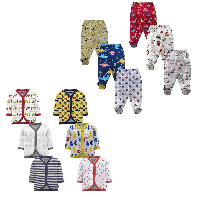 NammaBaby New Born Baby Cotton Front Open Full Sleeves Vest- Tshirt Jhabla (6PC) and Unisex Kid's Pajama with Booties (6PC)- Perfect for Your Baby with Cute Print (12 Piece Combo Set, 9-12 Months) 2