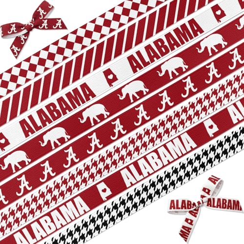 Kutyndrix Alabama State Ribbon 3/8 Inch Houndstooth Elephant Grosgrain Fabric 8 Rolls Red White Trim for Hair Bows Crafts Wreath Making Football Party Decor