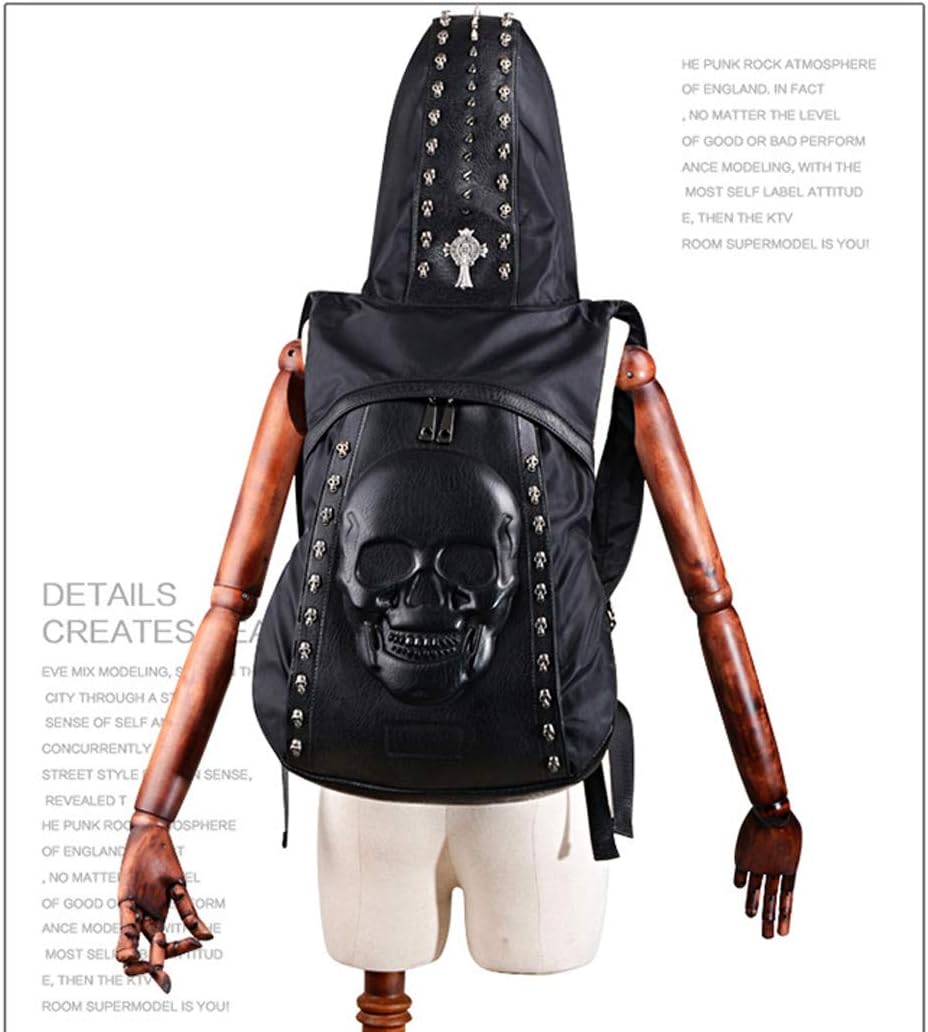 Skull Punk Art Fashion Backpack Hooded Rivet Studded Biker Purse Gothic 3D Skull PU Leather Bookbag Python Daypack Shoulder Bag Laptop Bag