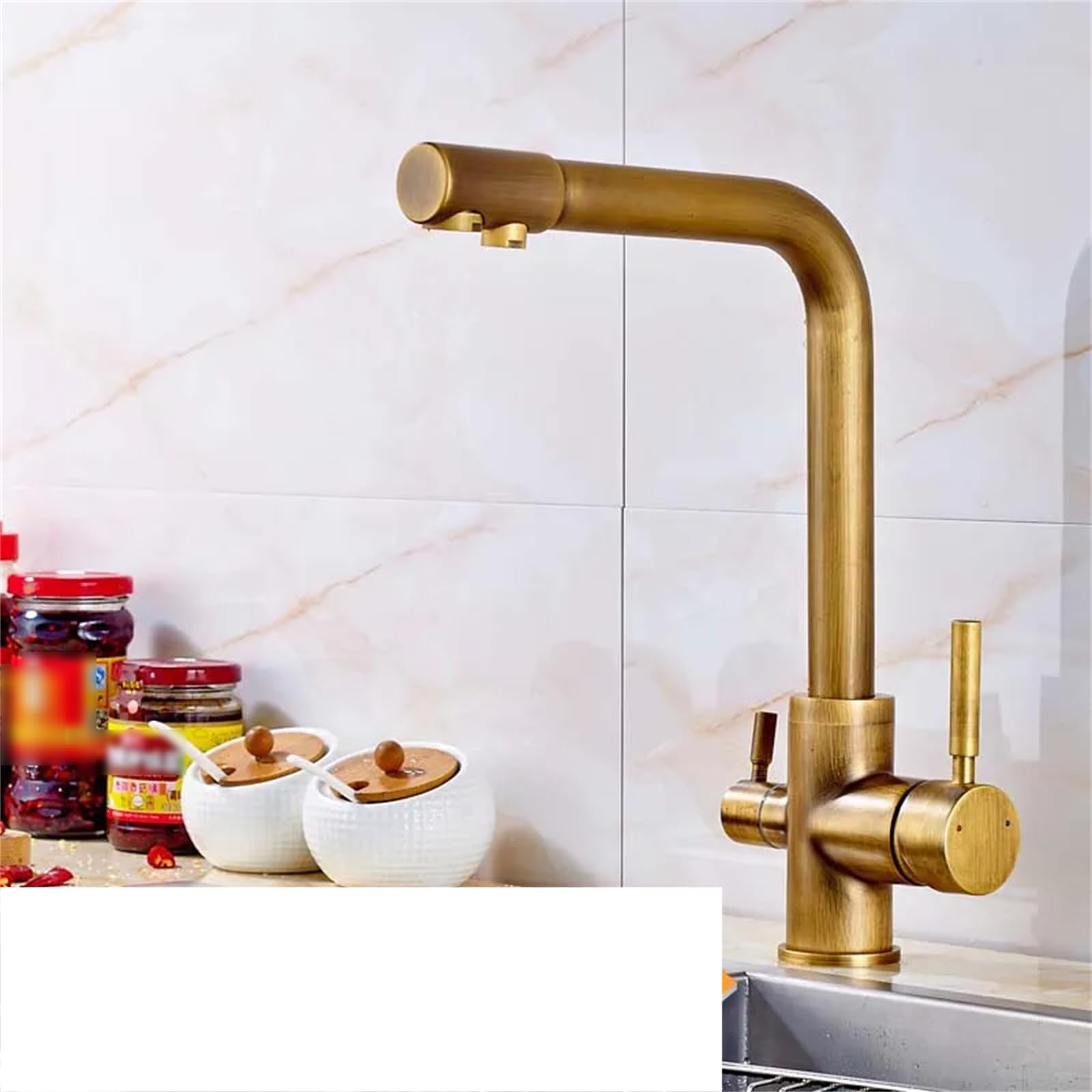 Kitchen Faucet,Chrome Plated Brass Kitchen Faucet with Purified Water, Faucet with Water Filter, Deck Mounted, Double Handles, hot and Cold faucets, Gold Faucet (Antique Brass Faucet A)