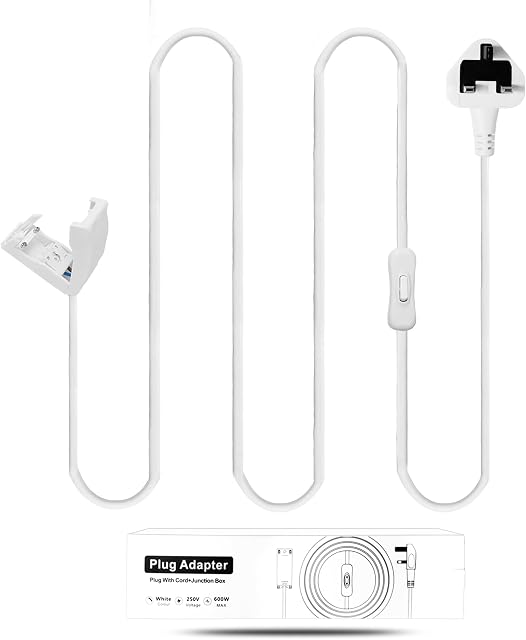 Sundertech Plug in Adapter for Batten Lights, UK Plug with 2.8m Cable+Switch+Junction Box for Easy Connect to pre-Wired Ceiling Lights, L+N only No Grounding Max 500W