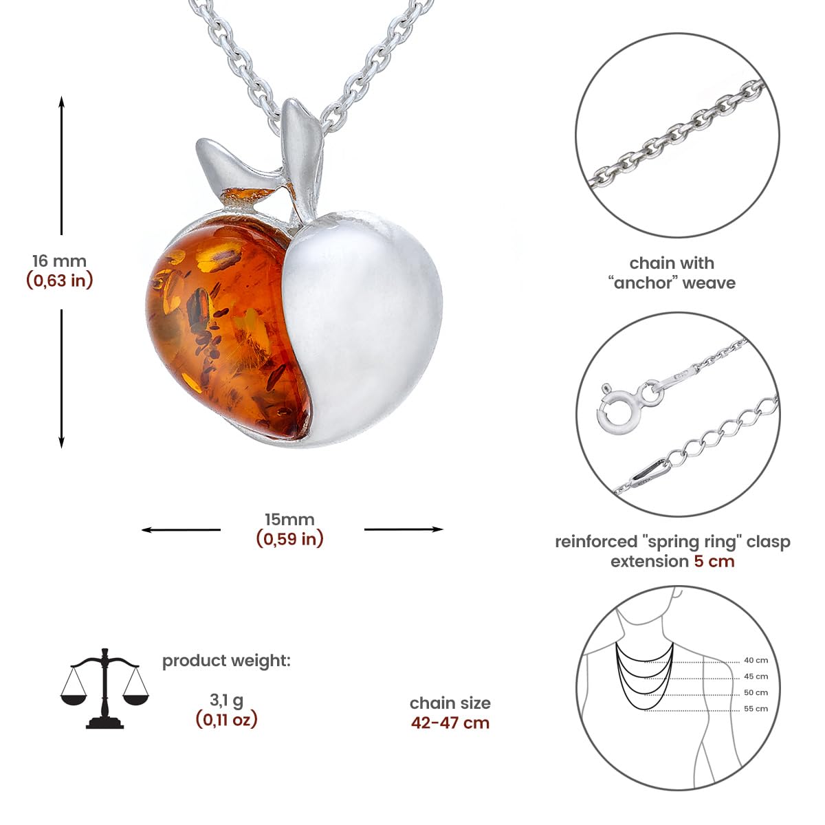 Collar pequeño de manzana para mujer con ámbar, plata de ley pulida, ámbar báltico en color coñac, colgante de plata con cadena, Plata esterlina, Ámbar
