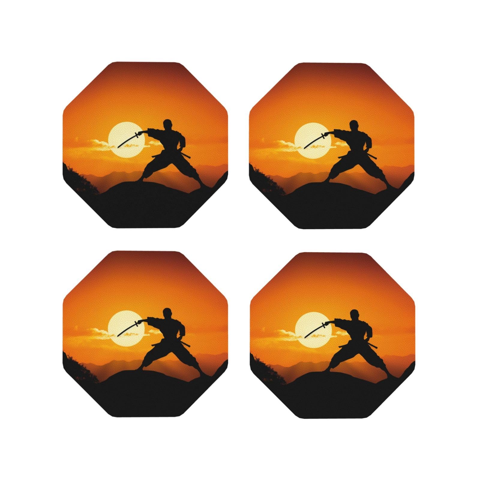 4Pcs PU Leather Coaster for Drinks, Sun Karate Silhouette Cup Coastersr 4" Cup Mat Pad, Aesthetic Drink Coasters for Coffee Table, Octagon Coaster for Tabletop Protection