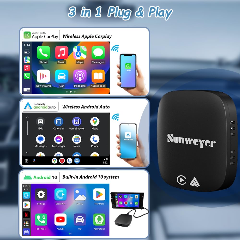 Sunweyer Adattatore Wireless CarPlay Android Auto 2+32GB con Play Store & Netflix/YouTube - Supporto TF/USB, Installazione App (Solo per auto con CarPlay Cablato o Android Auto Cablato) (SW05)