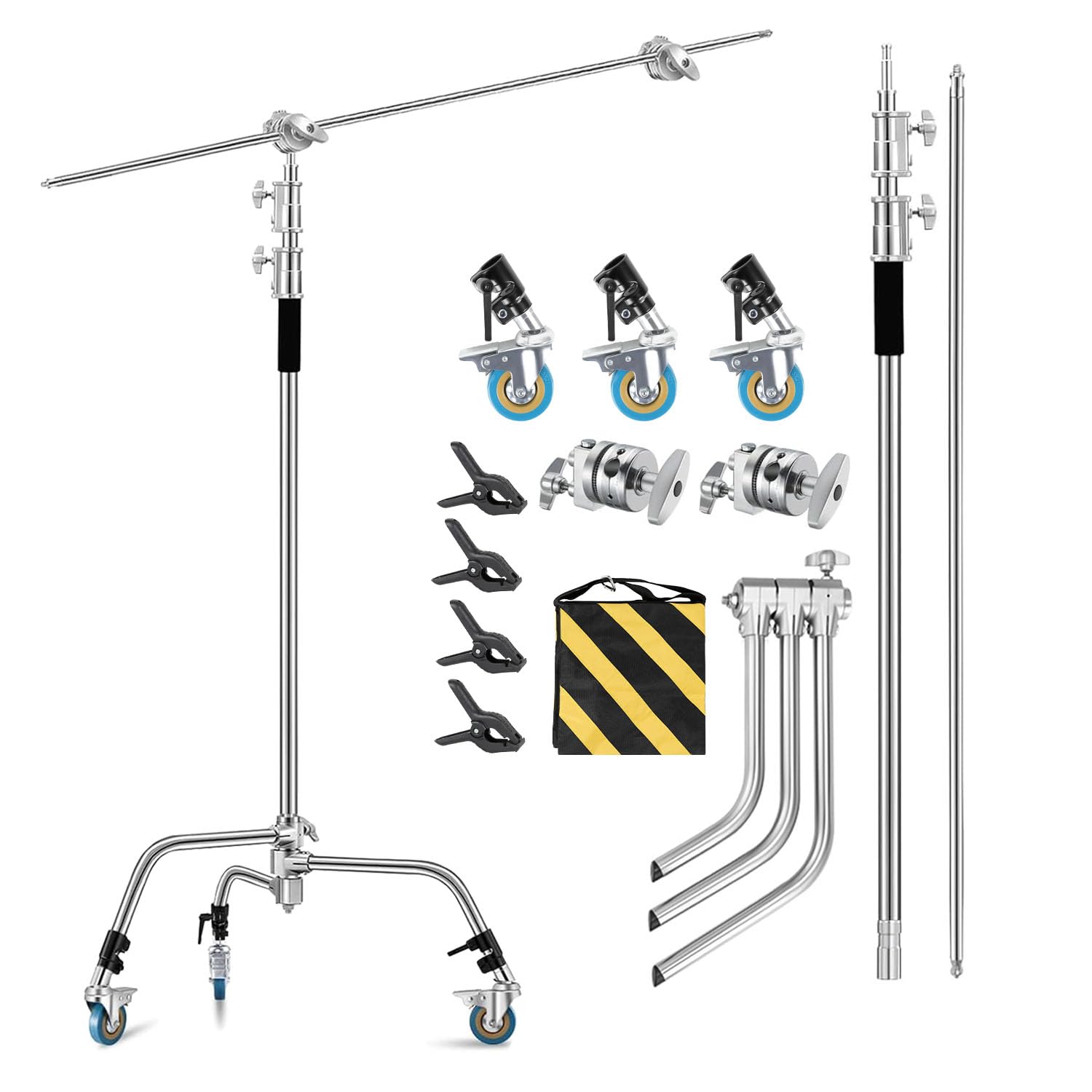 Heavy Duty C Stand with Boom Arm and Wheel,Max Height 10.8ft/330cm 100% Stainless Steel Adjustable Sturdy Photography Light Stand C-Stand with Wheel for Photography Studio Video Photo Shooting