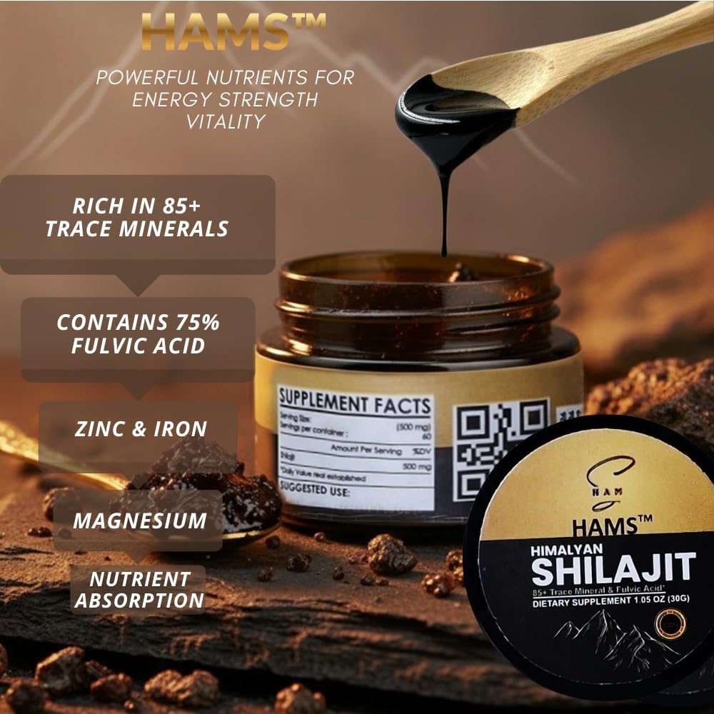 HAMS Resina Pura de Shilajit del Himalaya, Auténtico Mumijo con Más de 84 Minerales Traza, Alta Potencia con Oro Elemental y Ácido Fúlvico, Probado en Laboratorio, Vegano, 30g