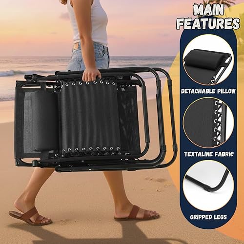 Vista 6 de EZONE 1 - Silla de gravedad cero, silla reclinable, ajustable para exteriores, de malla de acero, reclinable plegable para piscina, playa, Negro