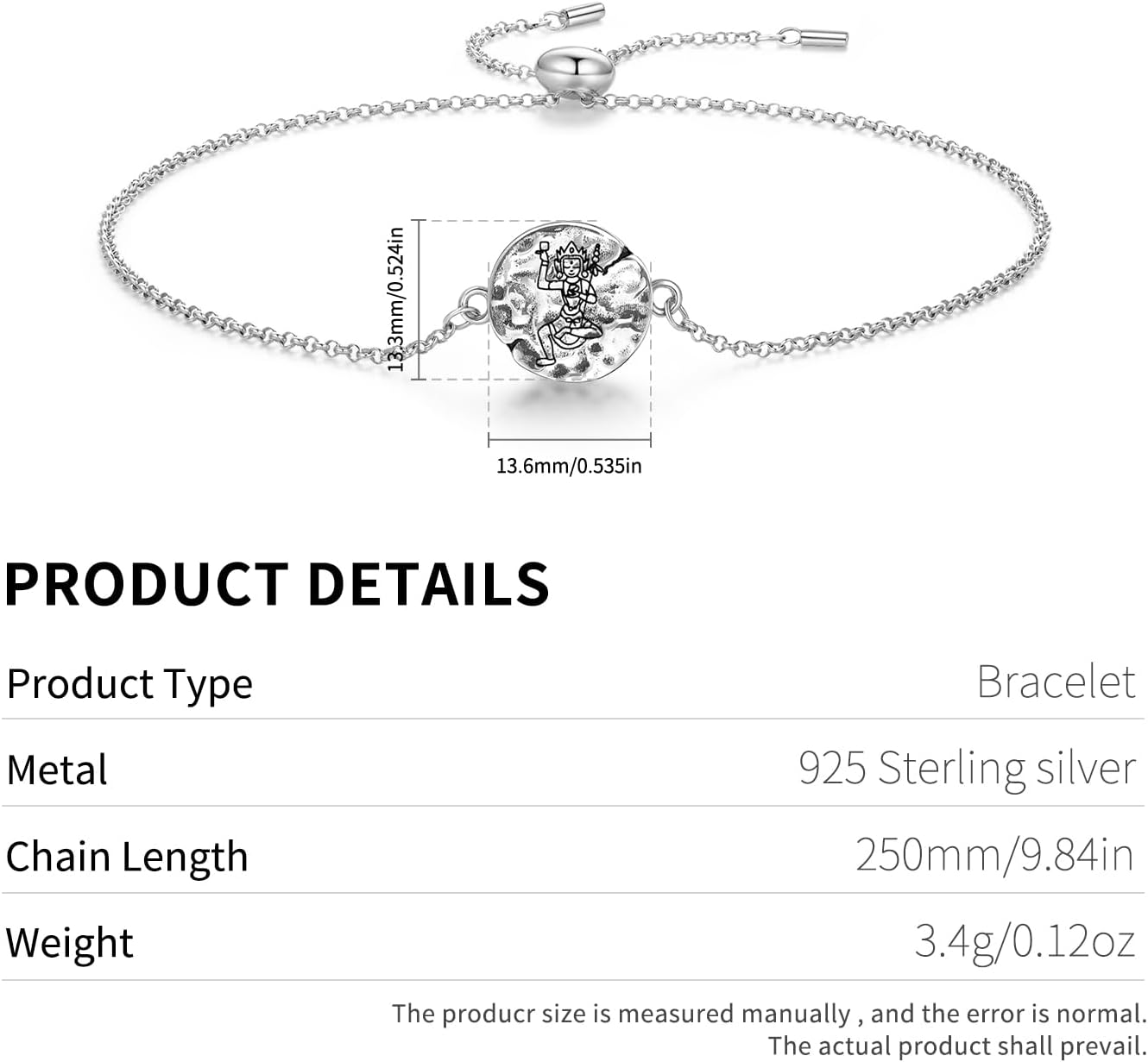 Buddhist Gods Samantabhadri Symbolic Engraved 925 Sterling Silver Adjustable Slider Bracelet