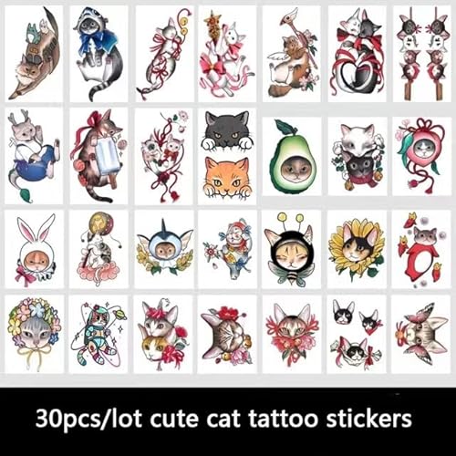30Pcs/Lot Cats Tattoo Stickers Cute Ins Series Colorful Arm Leg Hand Lovely Body Art Fake Tatoo Temporary #TOP4
