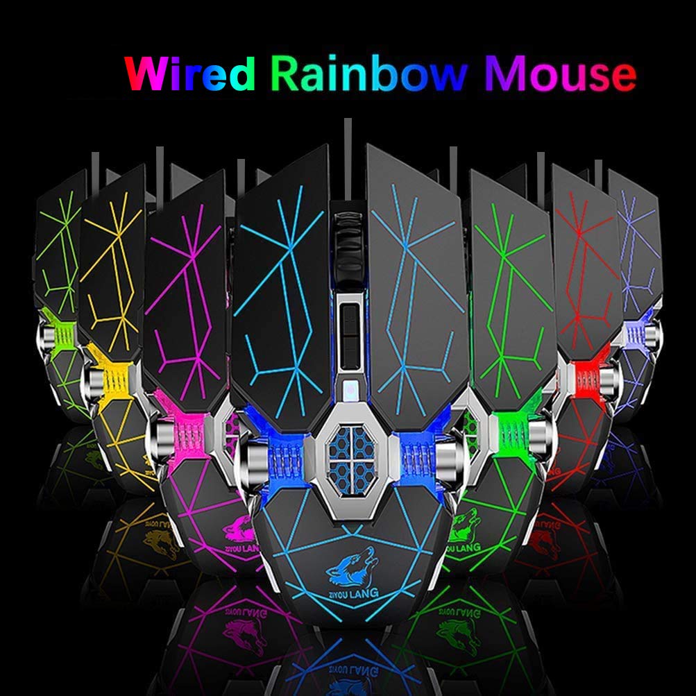 LexonElec Mouse ottico da gioco con 87 tasti, con funzione meccanica, con retroilluminazione LED arcobaleno, per PC da gioco, 6 pulsanti, 2400 DPI, 7 LED, retroilluminato, per PC, ufficio, giochi