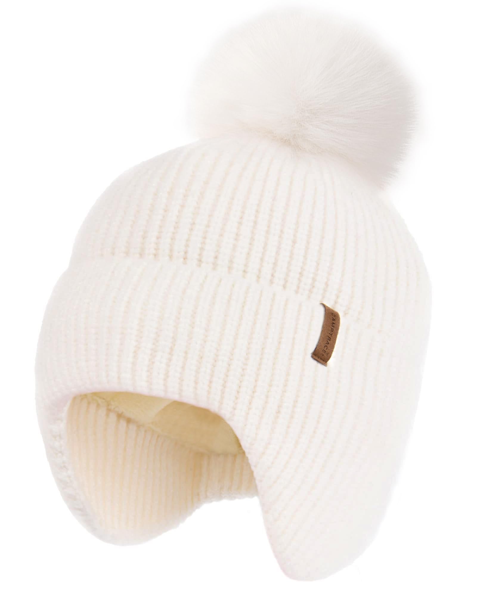 Toddler Baby Winter Hat Warm Fleece Lined Knit Kids Hat with Earflap Infant Newborn Pom Pom Beanie Knit Cap Girls Boys