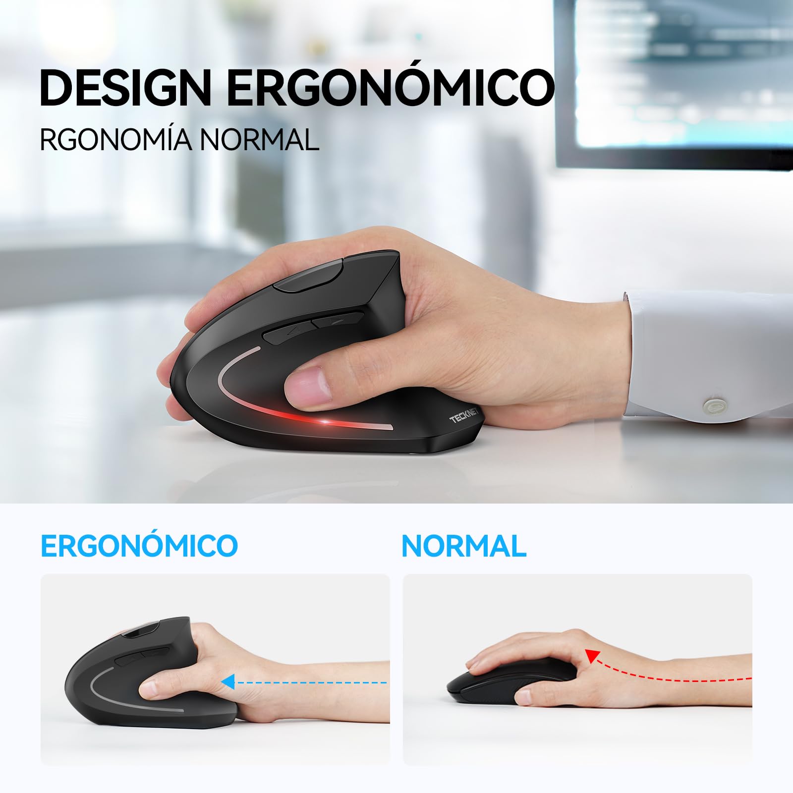 TECKNET Mouse Verticale Bluetooth,Multi-dispositivo Mouse Ergonomico (Tri-Mode: BT 5.0/3.0 + 2.4G),4800 DPI Mouse Verticale Wireless,Mouse Senza Fili 6 Pulsanti per PC, Computer Portatile, Mac