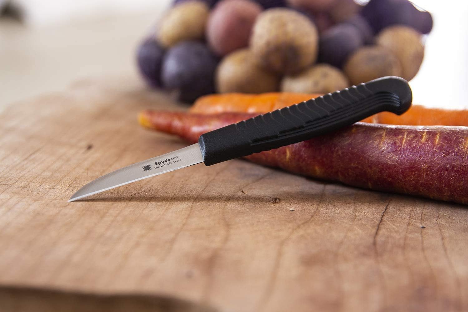 Spyderco Mini Paring Kitchen Knife with 2.25" Stainless Steel Blade with Durable Black Polypropylene Handle - PlainEdge - K09PBK