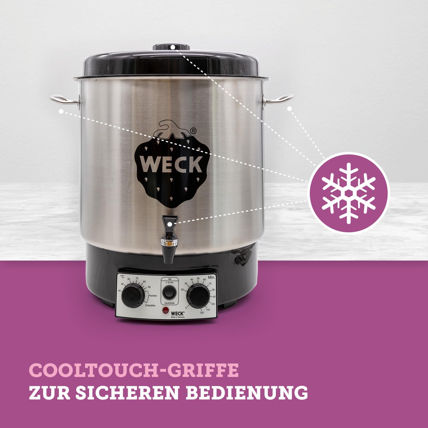 WECK Einkochautomat WAT25-A Edelstahl mit Präzisionsthermostat, Auslaufhahn & Zeitschaltuhr – 30L Einkochtopf, Glühweinkocher, Dampfentsafter, Einweckautomat – Made in Germany, hochwertig & vielseitig