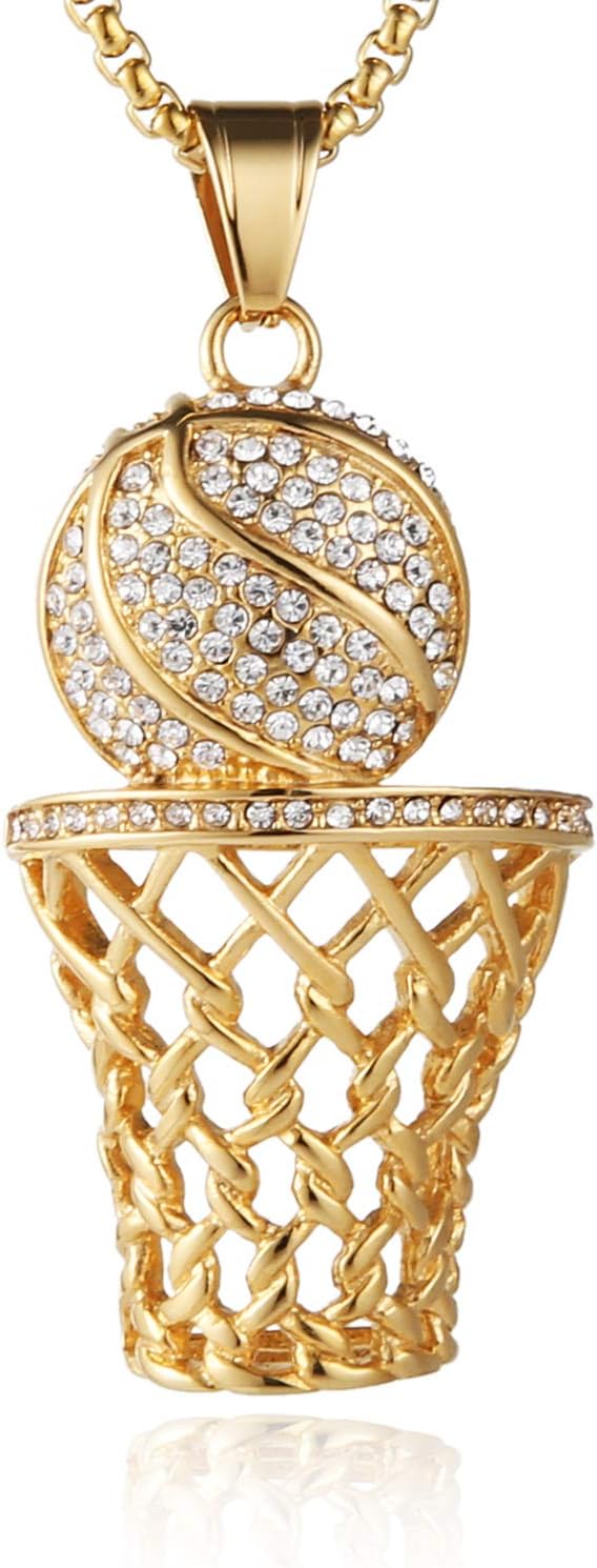 HZMAN Basketball Hoop Necklace for Men Stainless Steel 18K Gold Plated Cubic Zirconia Basketball Rim Sports Pendant Jewelry Gift