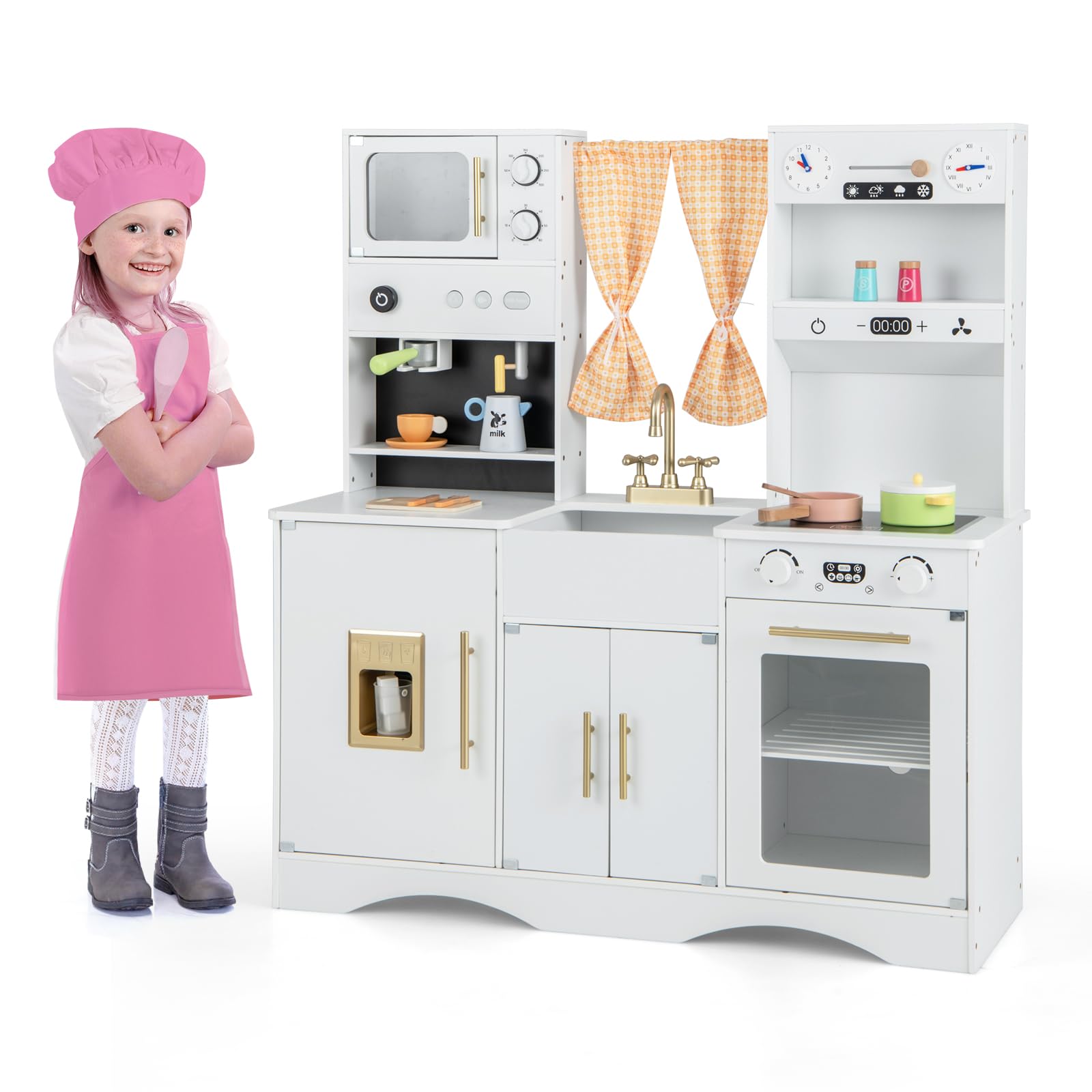 COSTWAY Cocina De Juguete De Madera Con Lavabo Y Efectos De Luz Y Sonido – Cocinita Completa Con Microondas, Hielo Y Lavavajillas, Pizarra Y Accesorios Para Niños 3+