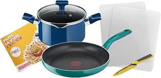 Tefal Chefclub by Tefal Pasta La Vista Cookware Set: Frypan 28 cm, Stewpot 20 cm, Utility Knife, Cutting Board, Recipe Booklet G804S404, Green and Blue
