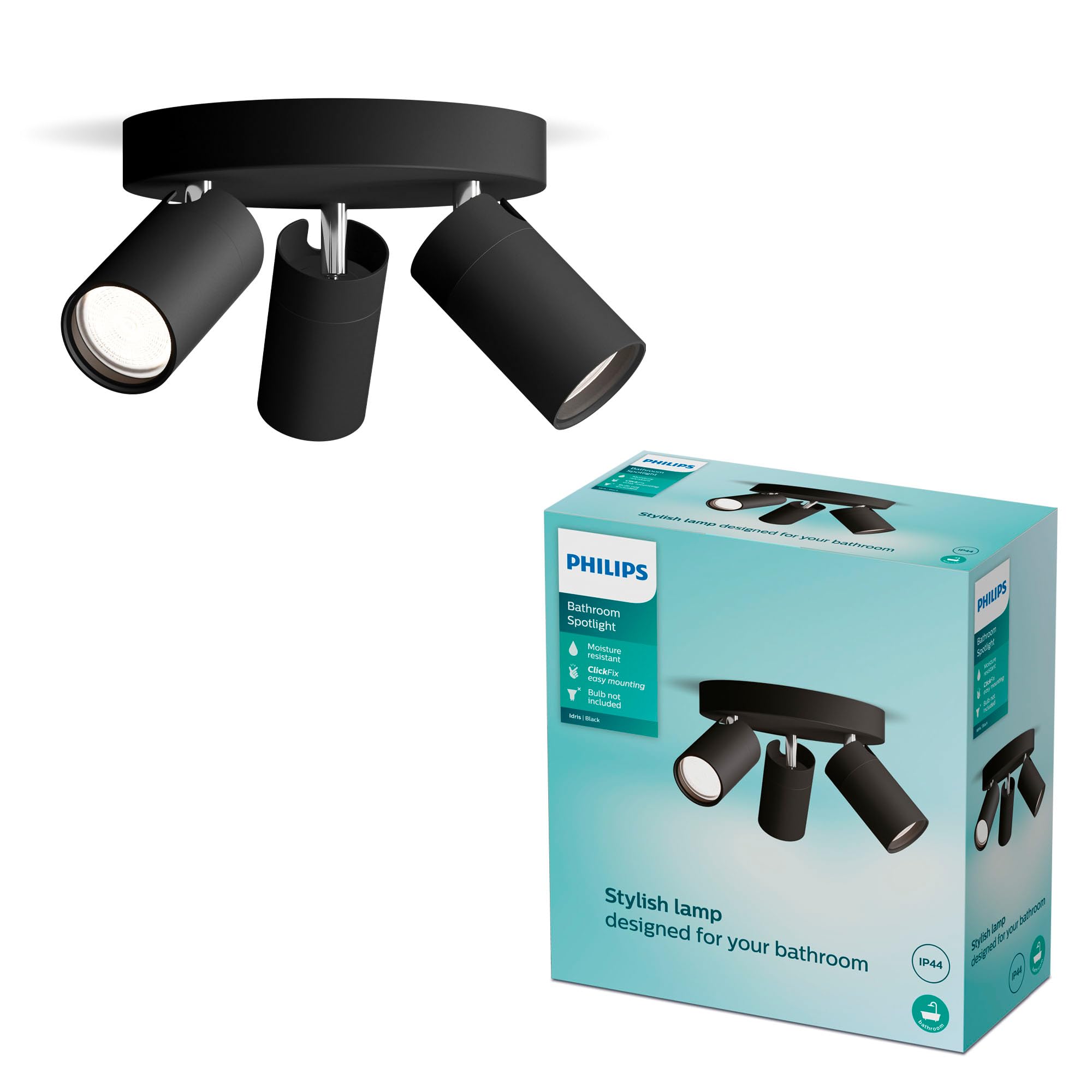 Philips PHILIPS Idris 3-Head spot on Round Plate, GU10 lamp not Included, Black, IP44, Water-Resistant