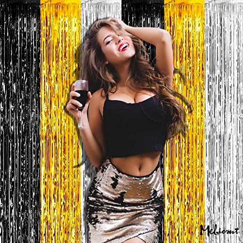Image of 4 Pack 3.2Ft x 9.8Ft Black Gold Silver Fringe Curtain Backdrop, Metallic Tinsel Foil Fringe Streamers Curtains Background for Wedding Notorious One Birthday Roaring 20s Graduation Party Decoration