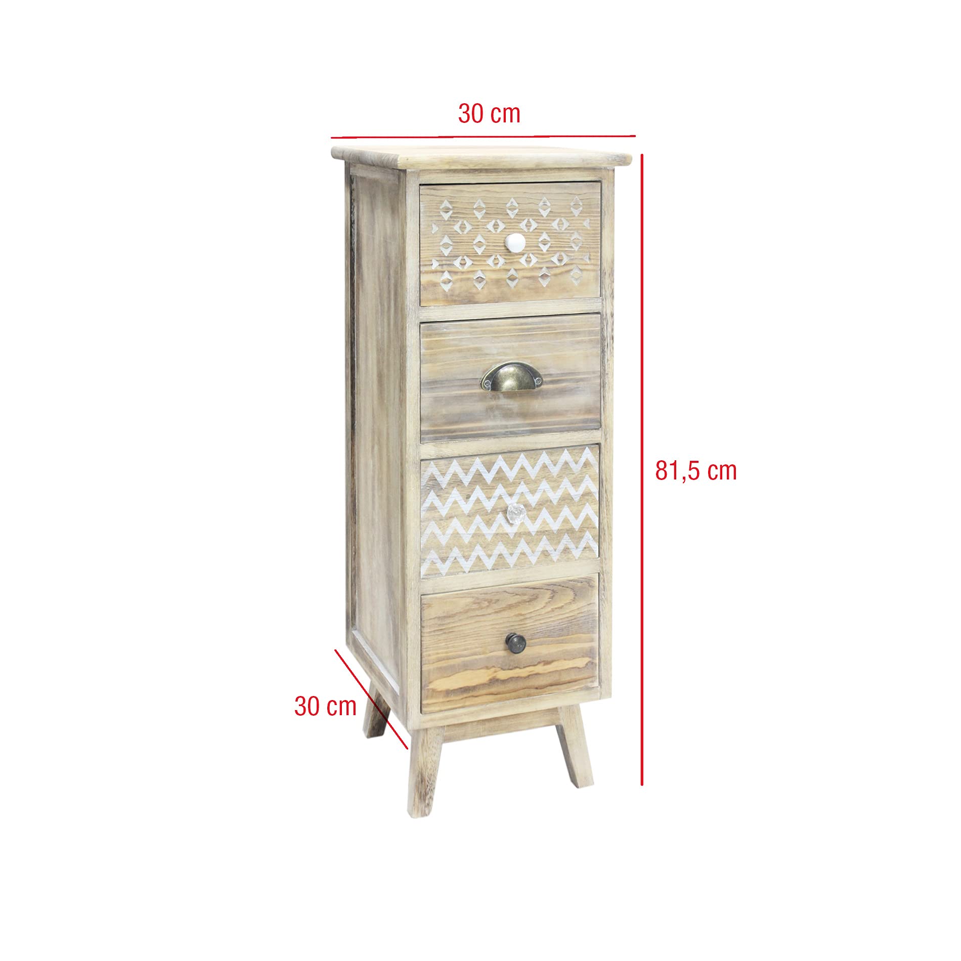 Rebecca Mobili Comodino Legno Vintage, Cassettiera Piccola, 4 Cassetti, Marrone Chiaro Bianco Shabby, Portaoggetti Biancheria - Misure: 81,5 x 30 x 30 cm (HxLxP) - Art. RE6619