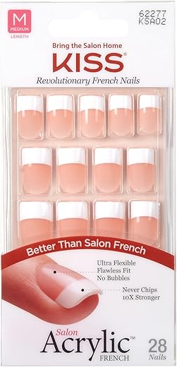 KISS Salon Acrylic Press On Nails, Nail glue included, 'Sugar Rush', French, Medium Size, Square Shape, Includes 28 Nails, 2g Glue, 1 Manicure Stick, 1 Mini File