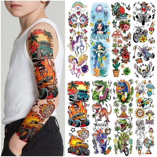 52pcs Temporary Tattoos for Kids, Full Arm Sleeve Tattoos with Mermaid Unicorn Truck Dinosaur Rocket Animals Plants Body Face Fake Arm Tattoos...