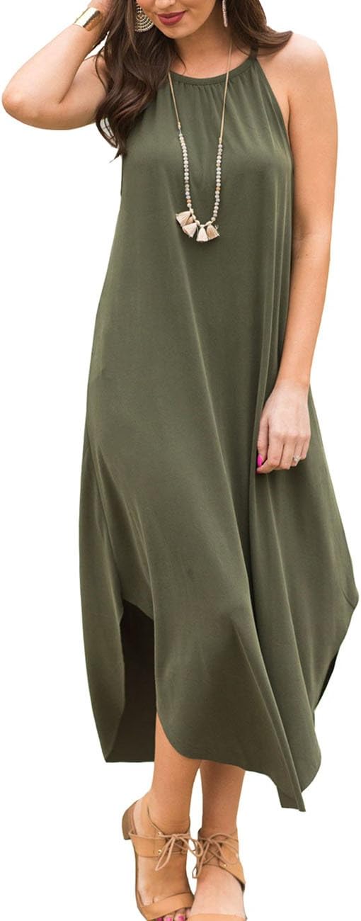 WEANIA Women's Irregular Hem Swing Maxi Dress Sleeveless Round Neck Casual Summer Long Dress (Green, Large)
