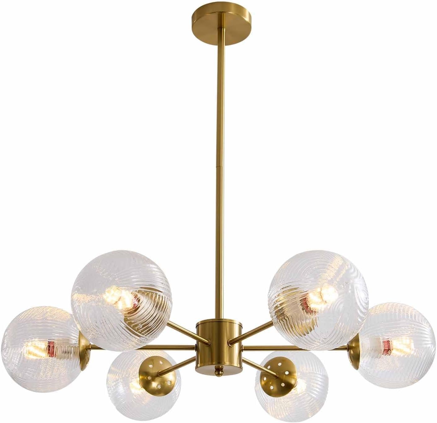 Pendelleuchte Mid-Century Modern 6-flammiger Kronleuchter goldene Sputnik Pendellampe Vintage grüne Deckenleuchte aus gebürstetem Messing Glaskugel Kronleuchter für Schlafzimmer Flur Esszimmer