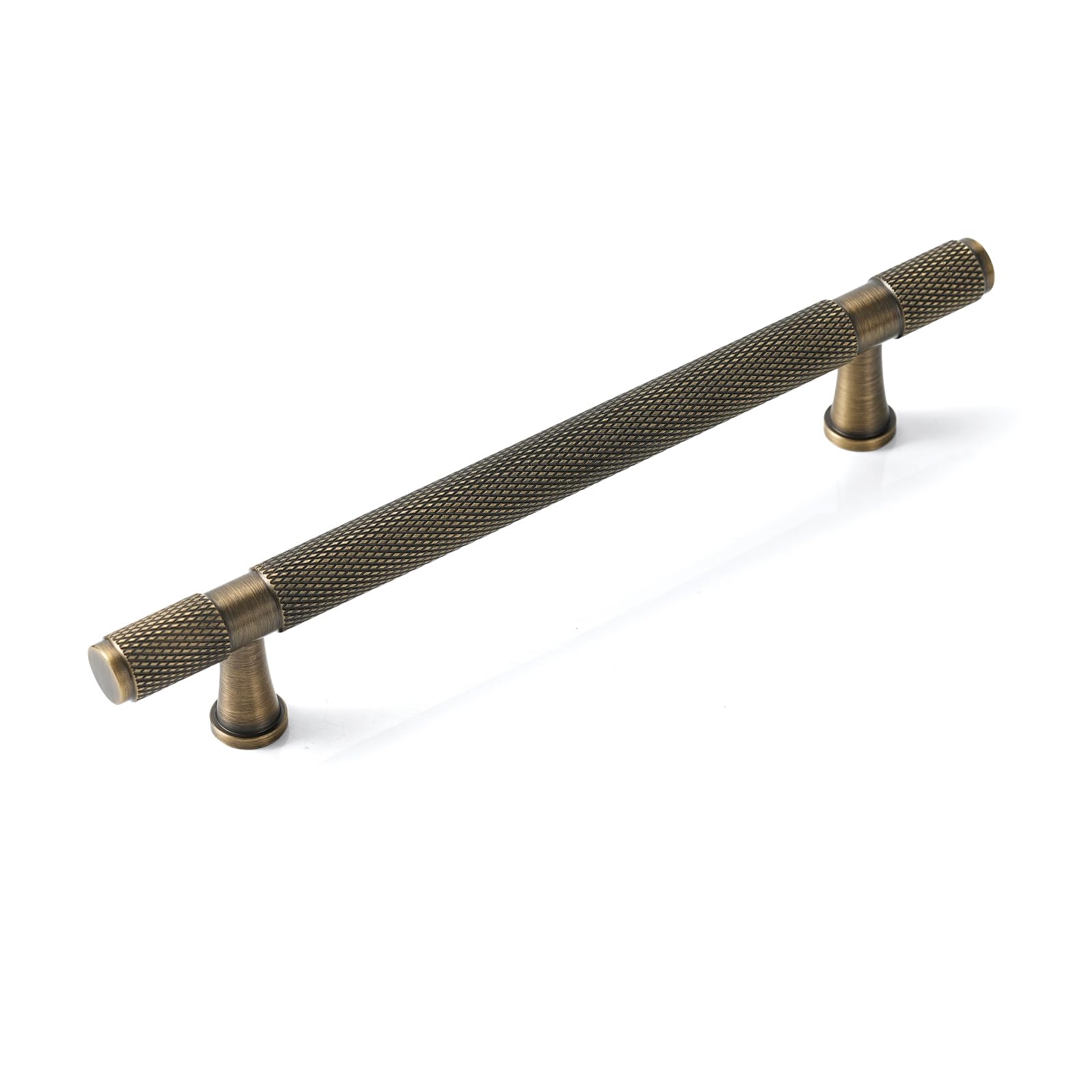 Dwarome 10 Pack | Solid Brass | Cabinet Pulls | 6-5/16 Inch Hole Center | Brushed Antique Brass | Knurled Texture Cabinet Handles for Kitchen,